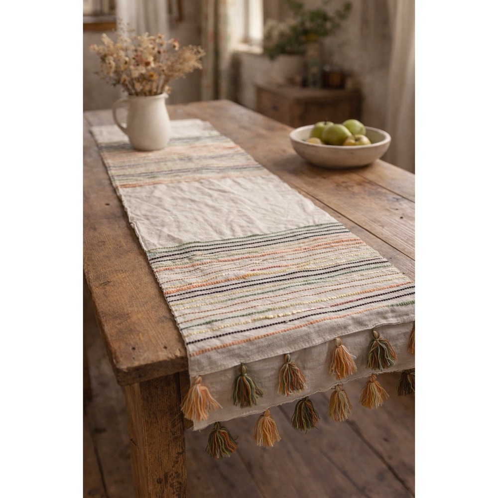 Boho Rustic Linen Table Runner Tassels Brown Cottagecore Rustic Farm Simple